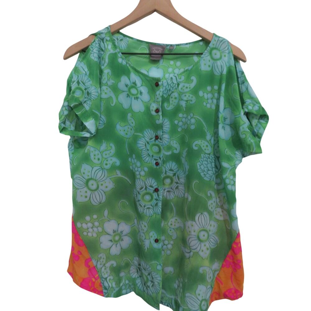 Vanessa Virginia Women Sz 10 Green Silk Floral Split Sleeve Tie Blouse Boho
